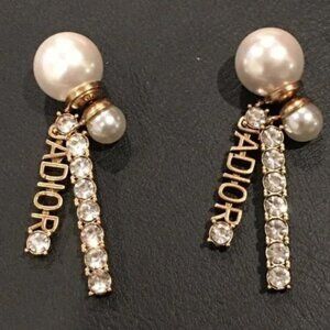 Christian Dior J'ADIOR Tribal Earrings Drop Line Stone Metal Resin White Pearl